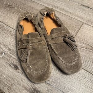 Aquatalia Journee tassel loafers in taupe suede brown Italian leather